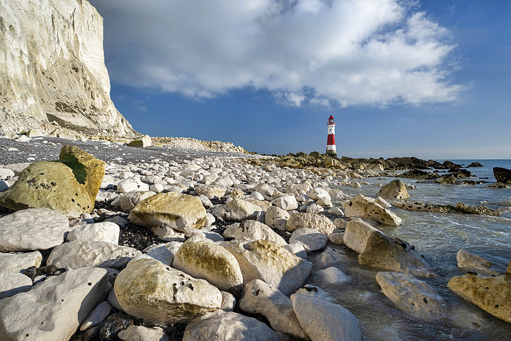 Chalk Boulders below Beachy Head & Beachy Head Lighthouse, near Eastbourne, South Downs National Park, East Sussex, England, United Kingdom, Europe