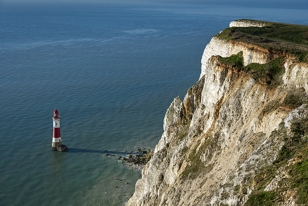 Beachy Head Lighthouse and Beachy Head from the cliff top, near Eastbourne, South Downs National Park, East Sussex, England, United Kingdom, Europe