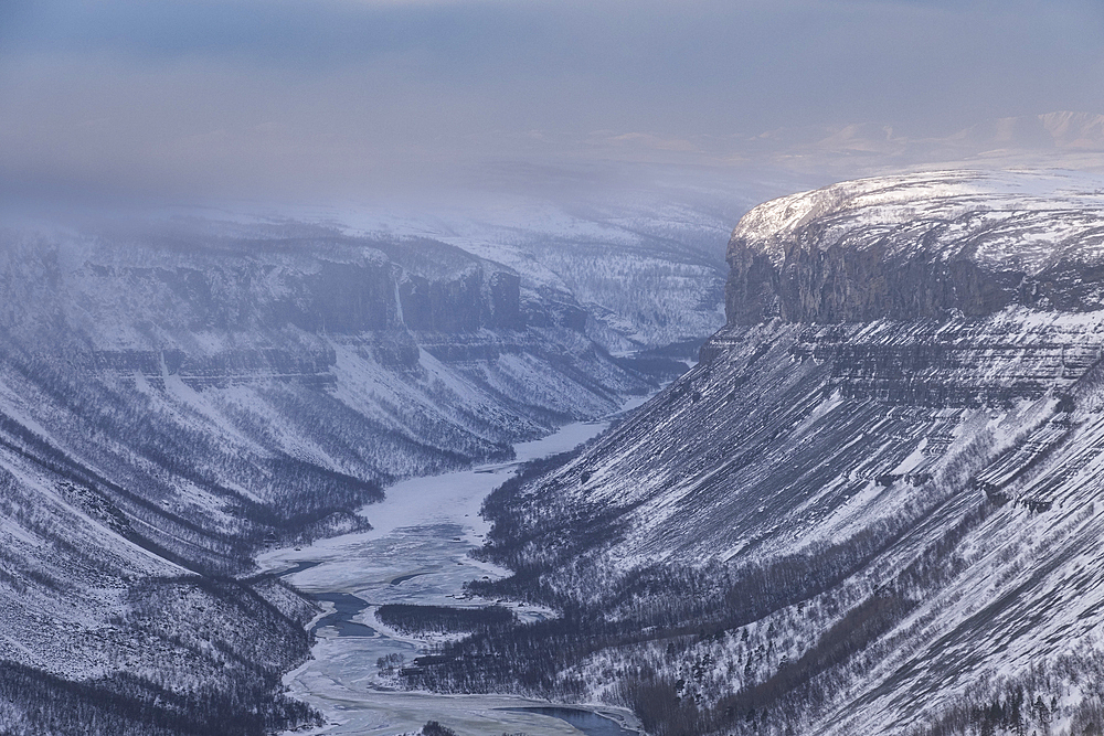 Alta Canyon and the Alta River from the Finnmark Plateau in winter, Finnmark Plateau, near Alta, Arctic Circle, Norway, Scandinavia, Europe