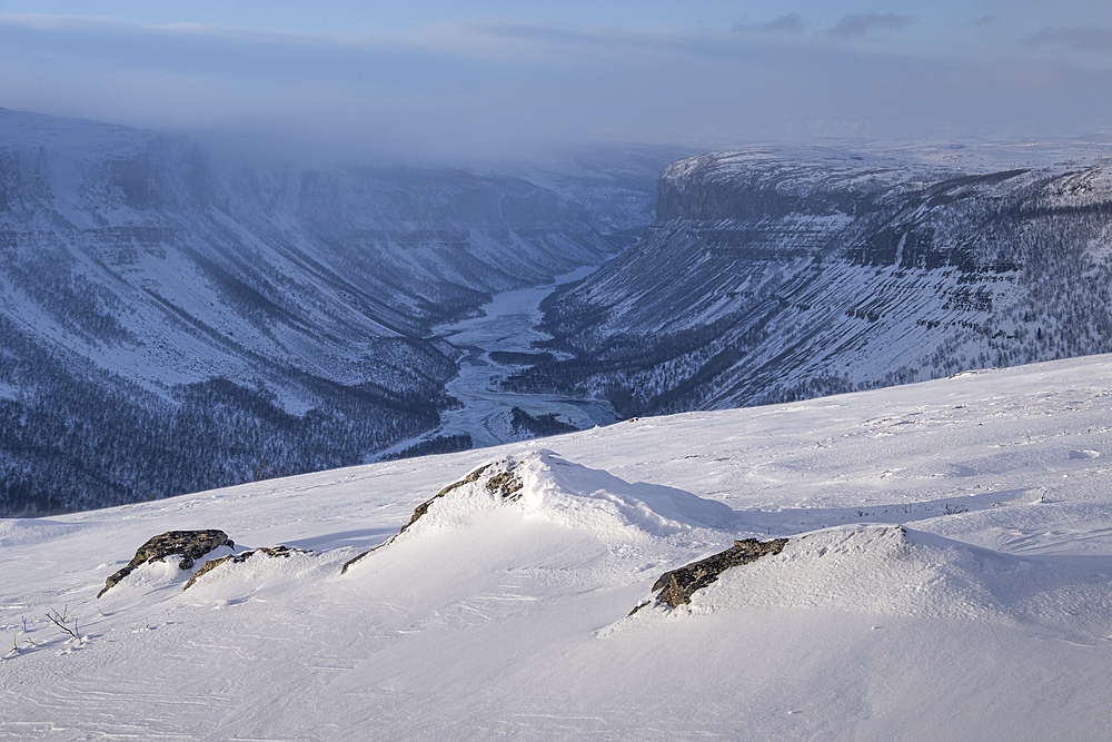 Alta Canyon and the Alta River from the Finnmark Plateau in winter, Finnmark Plateau, near Alta, Arctic Circle, Norway, Scandinavia, Europe