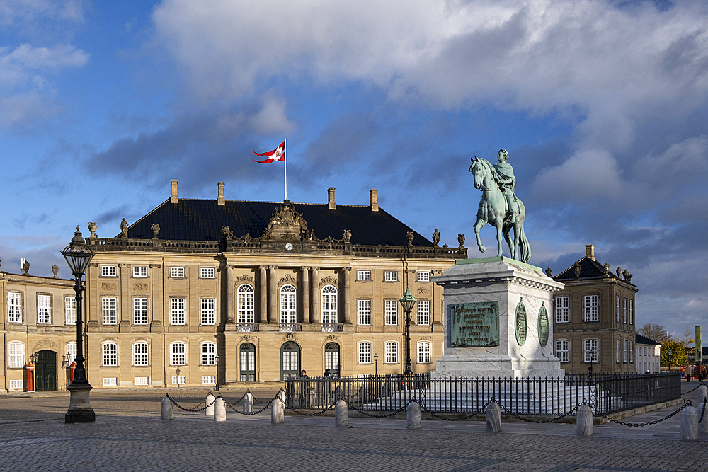 The Amalienborg Palace and statue of King Frederick V, Amalienborg Square, Copenhagen, Denmark, Europe