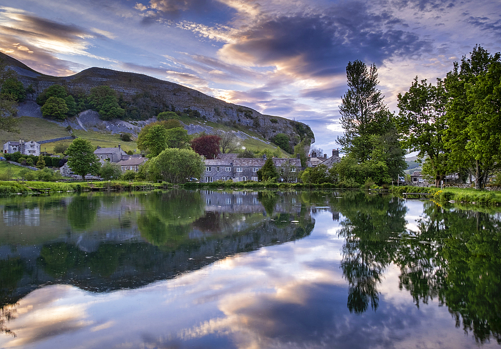 Kilnsey Village and Kilnsey Crag at sunset, Wharfedale, Yorkshire Dales National Park, Yorkshire, England, United Kingdom, Europe