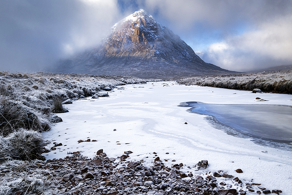 Ice covered River Etive backed by Stob Dearg (Buachaille Etive Mor) in winter, Rannoch Moor, Argyll and Bute, Scottish Highlands, Scotland, United Kingdom, Europe