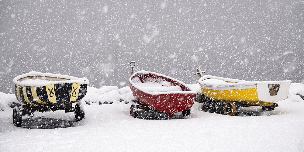 Colourful rowing boats at Ullapool Harbour in heavy snow storm, Ullapool, Ross and Cromarty, Scottish Highlands, Scotland, United Kingdom, Europe