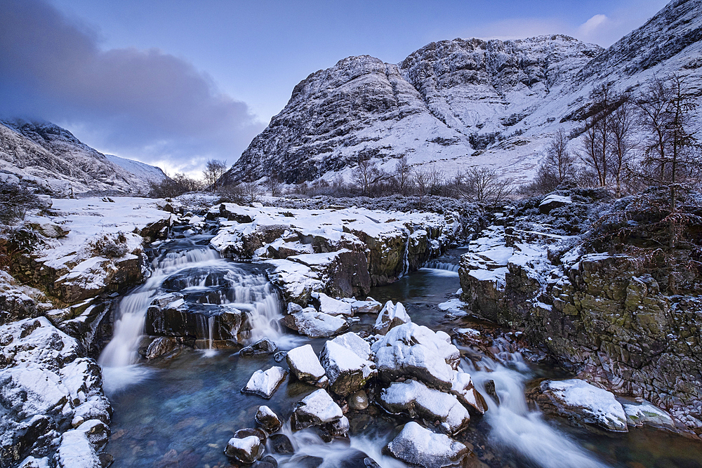 Clachaig Falls and the River Coe backed by Aonach Dubh and the Pass of Glencoe in winter, Glencoe, Scottish Highlands, Scotland, United Kingdom, Europe