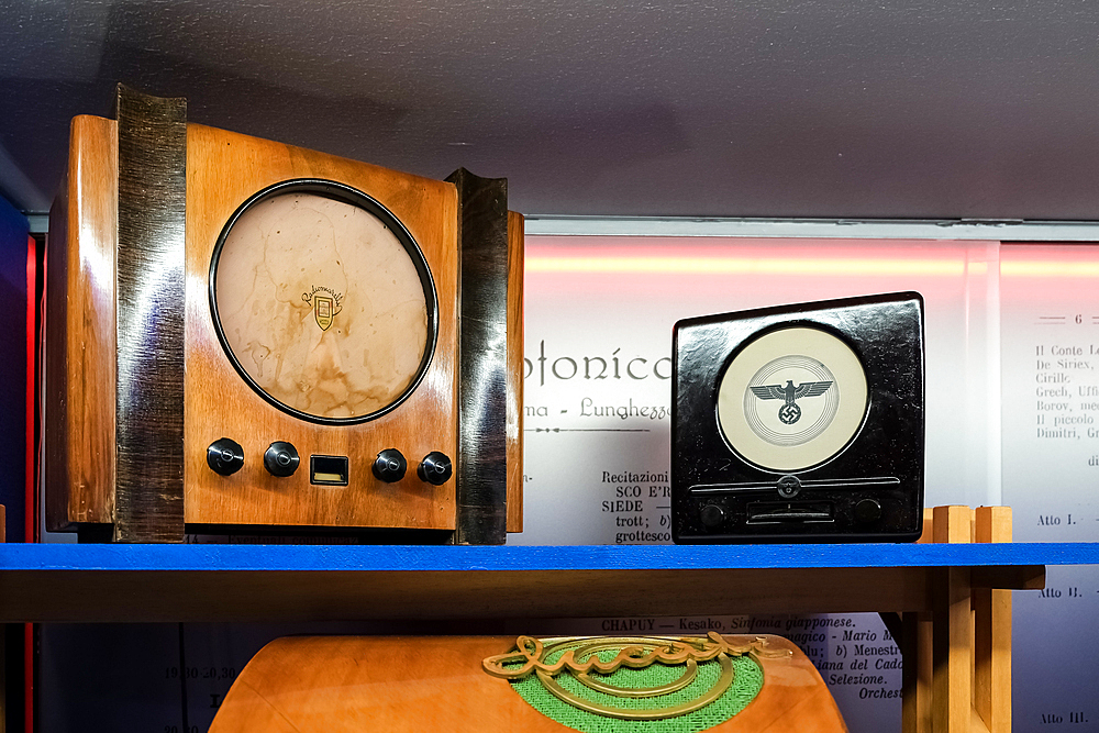 Radios on display at the Museum of Radio and Television located in the RAI Production Center in the city center of Turin, Piedmont, Italy, Europe