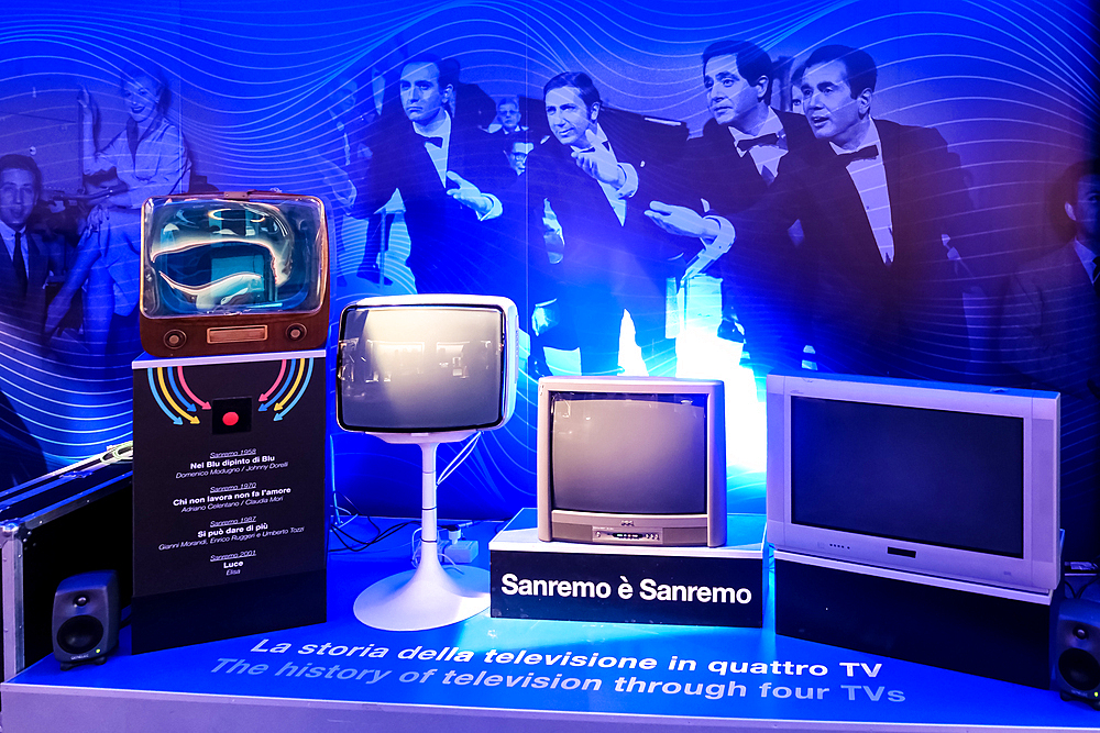 Televisions on display at the Museum of Radio and Television located in the RAI Production Center in the city center of Turin, Piedmont, Italy, Europe