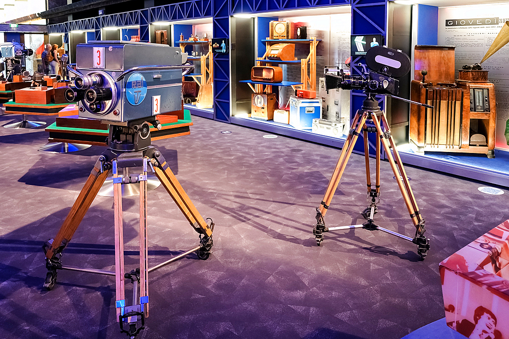 Cameras on display at the Museum of Radio and Television located in the RAI Production Center in the city center of Turin, Piedmont, Italy, Europe