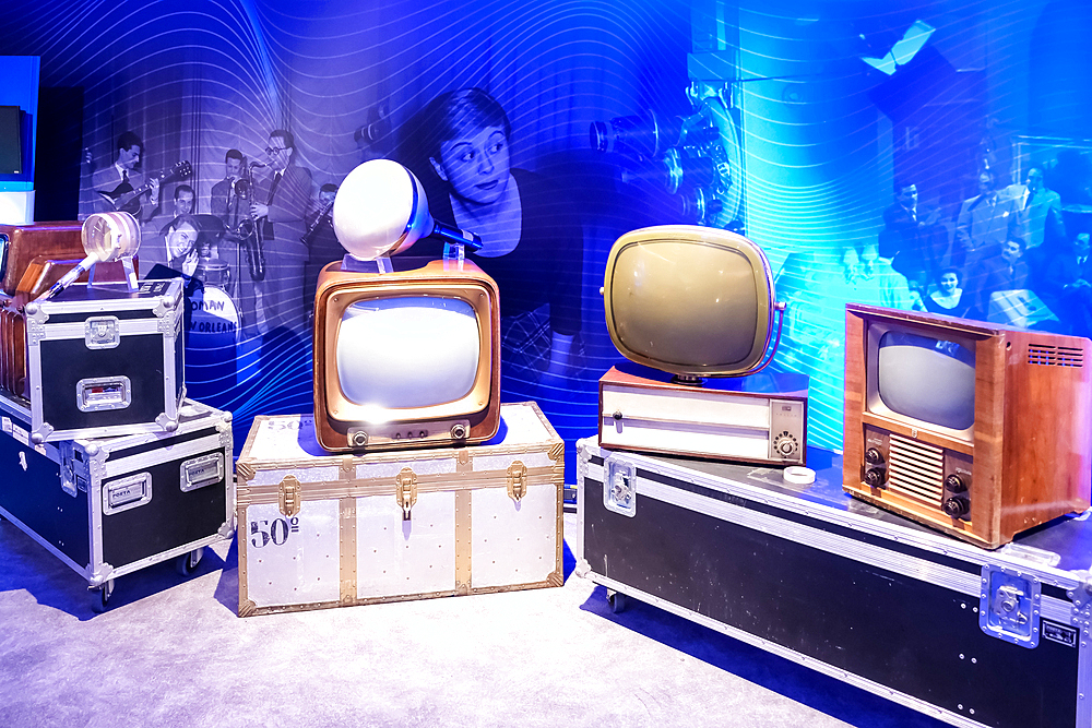 Televisions on display at the Museum of Radio and Television located in the RAI Production Center in the city center of Turin, Piedmont, Italy, Europe