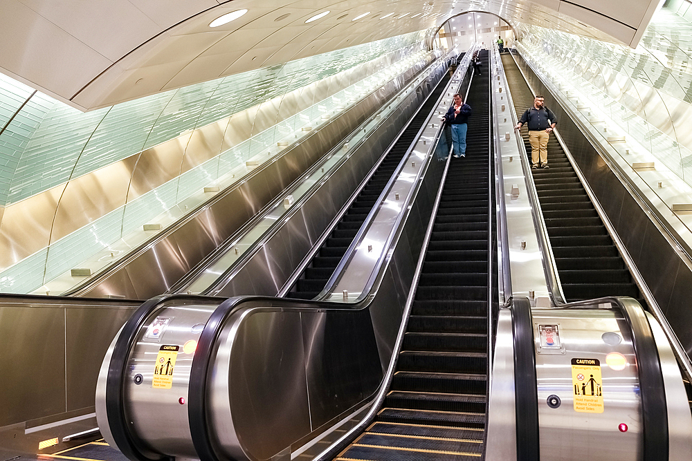 Architectural detail of escalators of Grand Central Madison, a commuter rail terminal, beneath the Grand Central Terminal, for the Long Island Rail Road (LIRR) in New York City, United States of America, North America