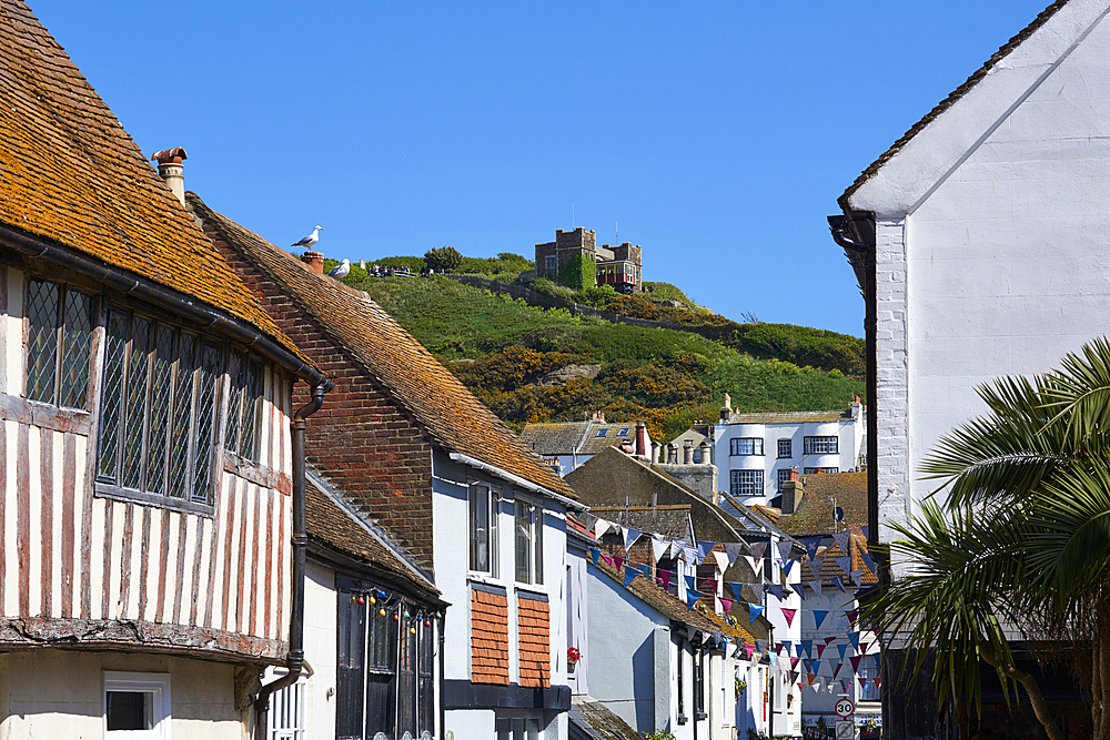 Courthouse Street, looking towards East Hill, Hastings Old Town, Hastings, East Sussex, England, United Kingdom, Europe