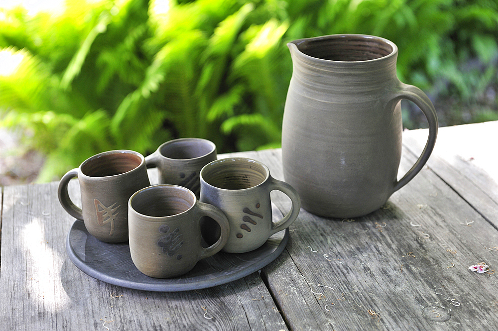 Pieces of pottery, works by Ivars, potter craftsmen at Kemeri, Jurmala, Gulf of Riga, Latvia, Baltic region, Europe