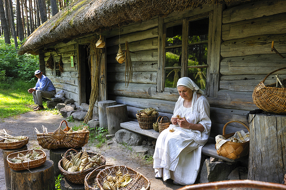 Senior woman making basketwork beside her thatched house in the village of Vidzeme, Ethnographic Open-Air Museum near Riga, Latvia, Baltic region, Europe