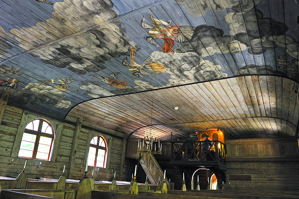 Painted ceiling of the Lutheran Usma church, Ethnographic Open-Air Museum near Riga, Latvia, Baltic region, Europe