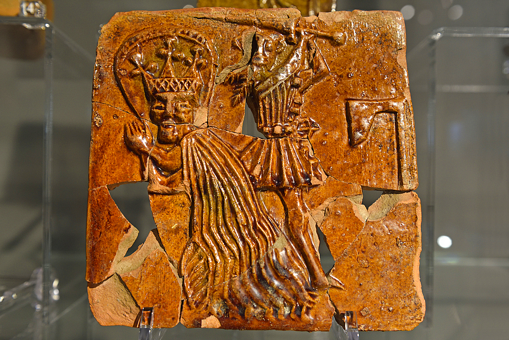 Stove glazed clay tile from late 15th century, National Museum, Palace of the Grand Dukes of Lithuania, Vilnius, Lithuania, Europe