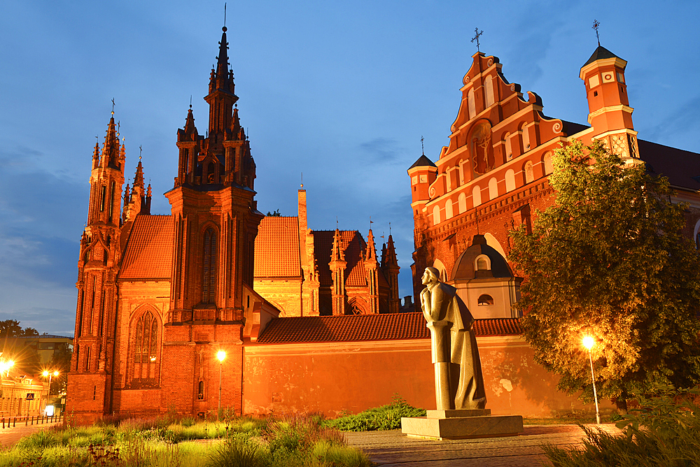 Adam Mickiewicz Monument near Saint Anne's Church and the Church of St. Francis and St. Bernard, UNESCO World Heritage Site, Vilnius, Lithuania, Europe