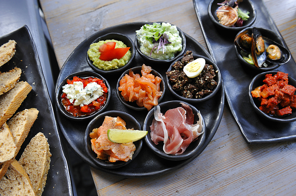 Appetizer assortment served at Garage wine bar in Bergs Bazaar, Riga, Latvia, Baltic region, Europe