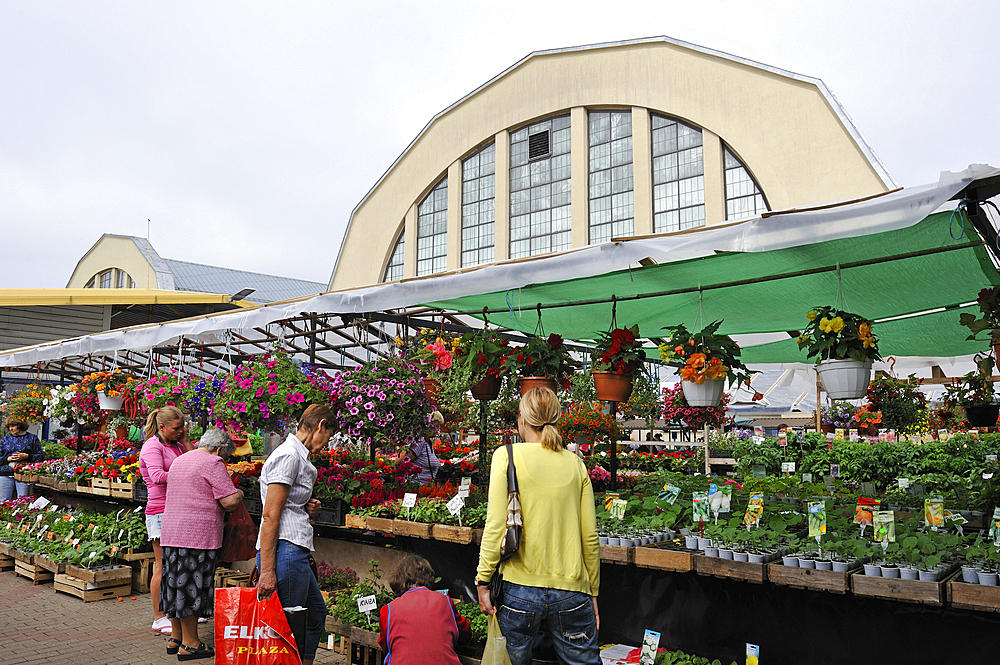 The flower market set outside the Central Market that is one of the largest and oldest markets in Europe, with five food pavilions located inside vast converted Zeppelin hangars, Riga, Latvia, Baltic region, Europe