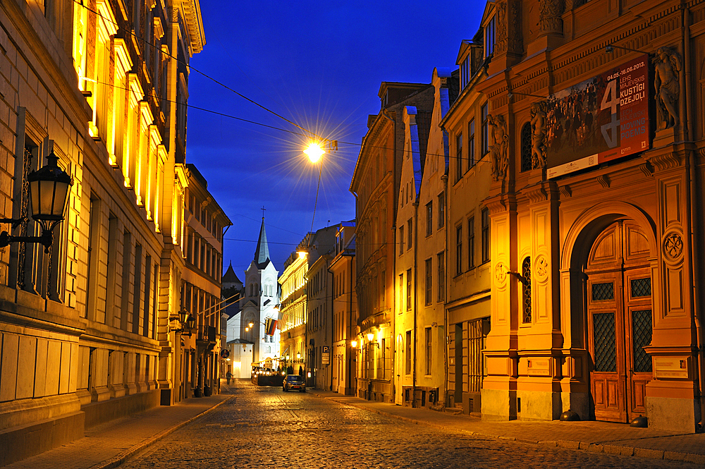 Pils Street by night, Old Town, Riga, Latvia, Baltic region, Europe