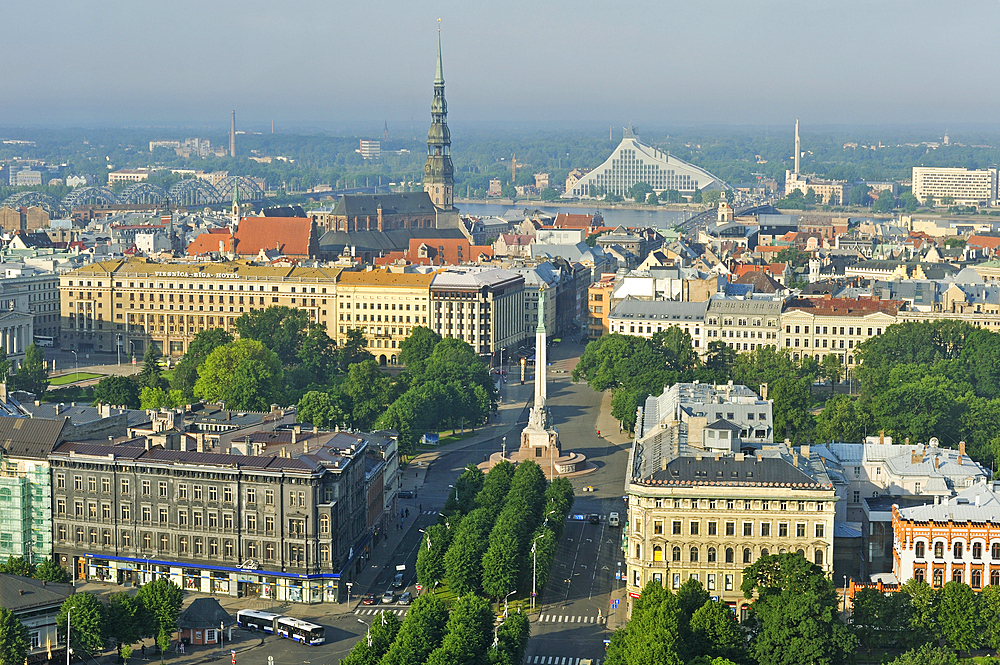 Aerial view over the Brividas Avenue toward the Old Town, from Radisson Blu hotel, Riga, Latvia, Baltic region, Europe