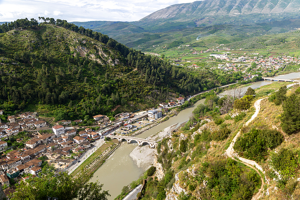 View of Gorica bridge crossing the River Osumi, Berat, UNESCO World Heritage Site, Albania, Europe