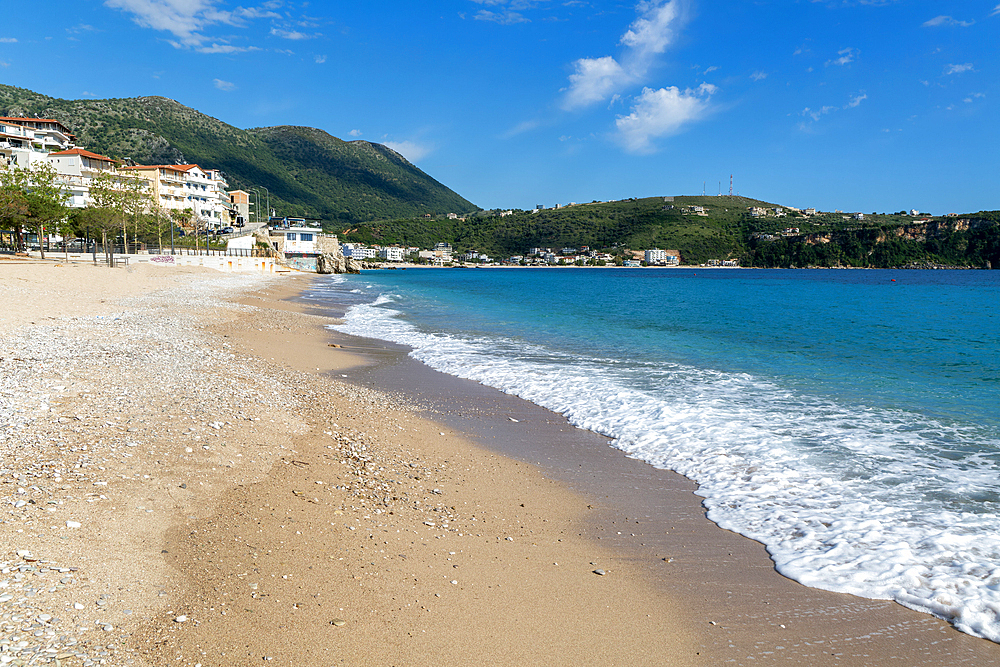 Turquoise blue sea at town beach of Himare, Albanian Riviera, Albania, Europe