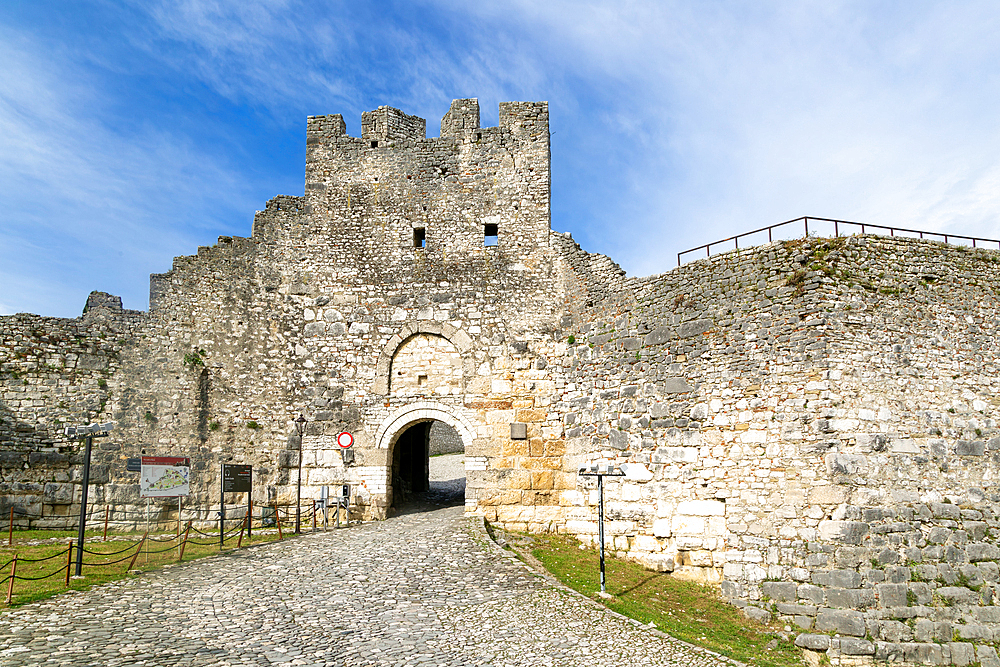 Defensive walls ramparts at entrance to Berat Castle UNESCO World Heritage Site, Berat, Albania, Europe