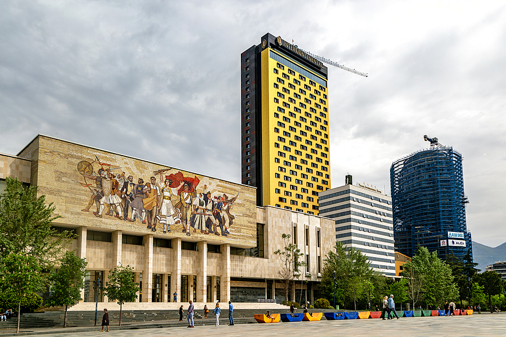 The Albanians mosaic and construction of new high-rise extension to the Intercontinental Hotel, Skanderbeg Square, Tirana, Albania, Europe