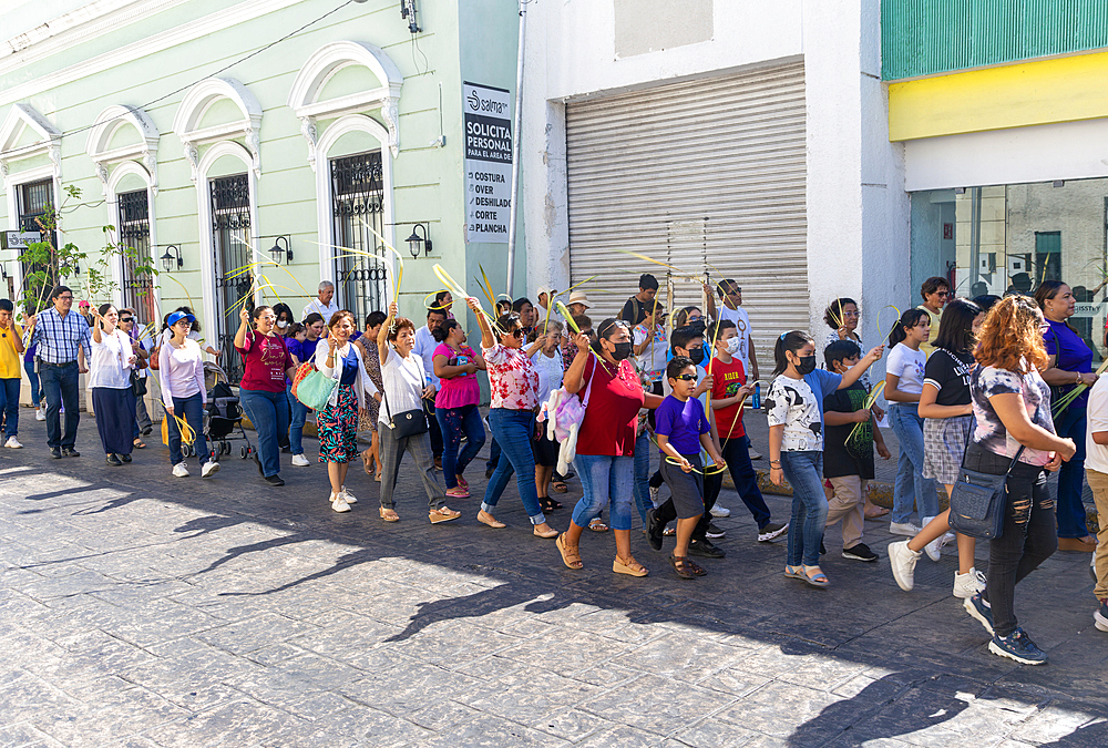 Procession of people carrying palm leaves on Palm Sunday, Easter 2023, Merida, Yucatan State, Mexico, North America