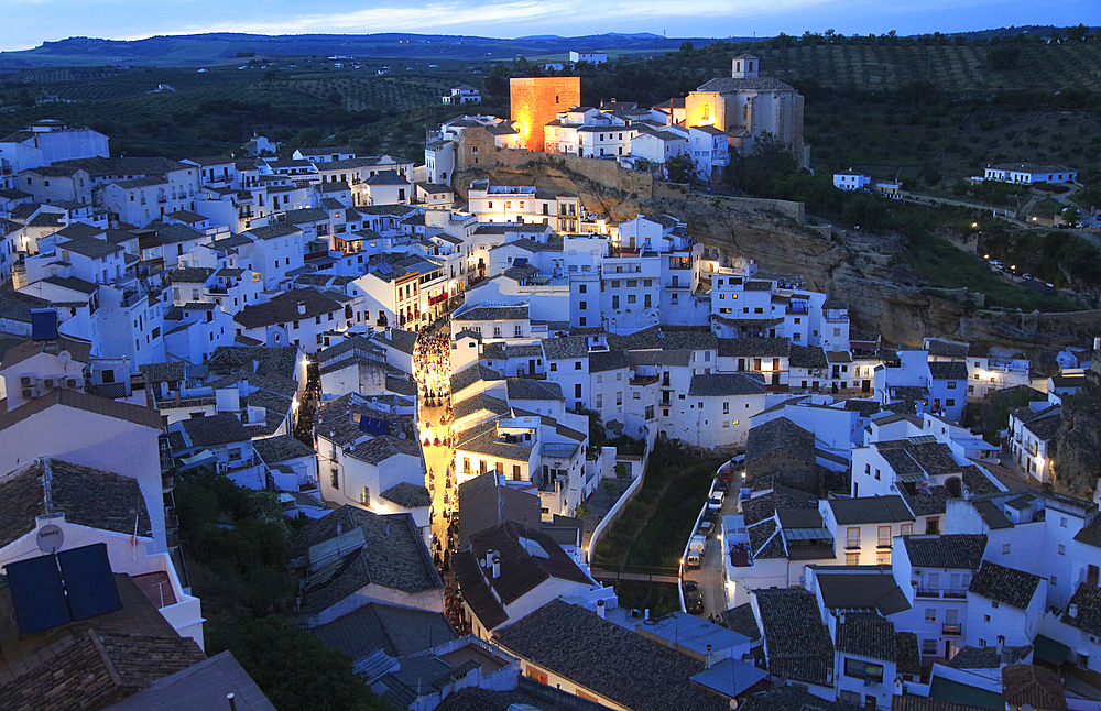 Easter procession at night through streets of Setenil de las Bodegas, Cadiz province, Andalusia, Spain, Europe