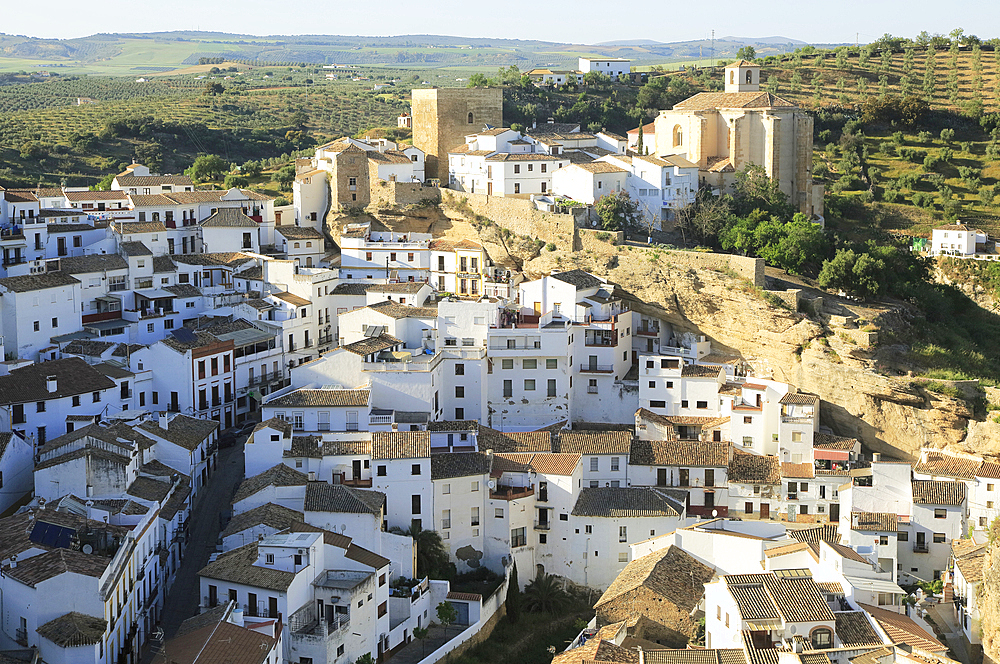 Whitewashed buildings on hillside in village of Setenil de las Bodegas, Cadiz province, Andalusia, Spain, Europe