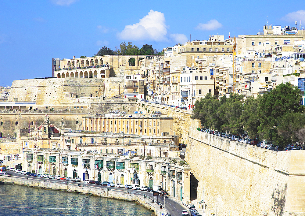 Historic waterfront buildings on Grand Harbour waterside, Valletta, Malta, Mediterranean, Europe