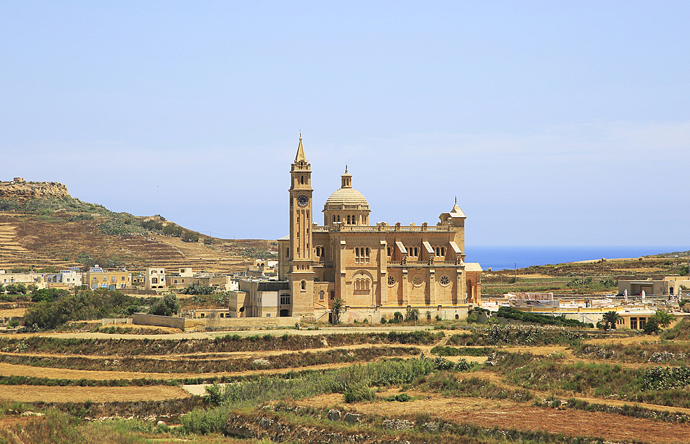 Romanesque architecture of basilica church, national pilgrimage shrine to the Virgin Mary, Ta Pinu, Gozo, Malta, Mediterranean, Europe