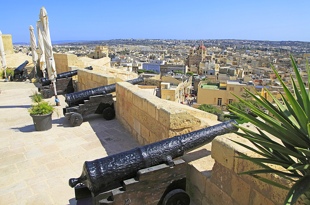 Cannons on ramparts of citadel castle Il-Kastell, Victoria Rabat, Gozo, Malta, Mediterranean, Europe