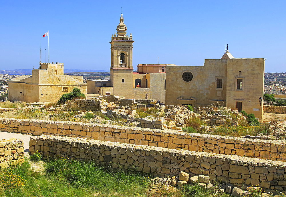 Cathedral church tower and ruins inside citadel castle walls Il-Kastell, Victoria Rabat, Gozo, Malta, Mediterranean, Europe