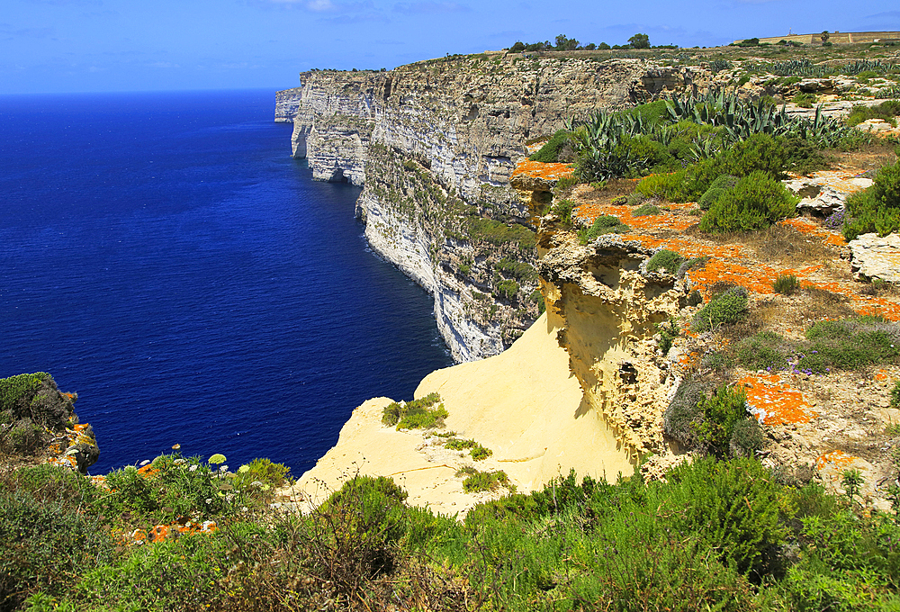 Coastal clifftop landscape view westwards at Ta' Cenc cliffs, island of Gozo, Malta, Mediterranean, Europe