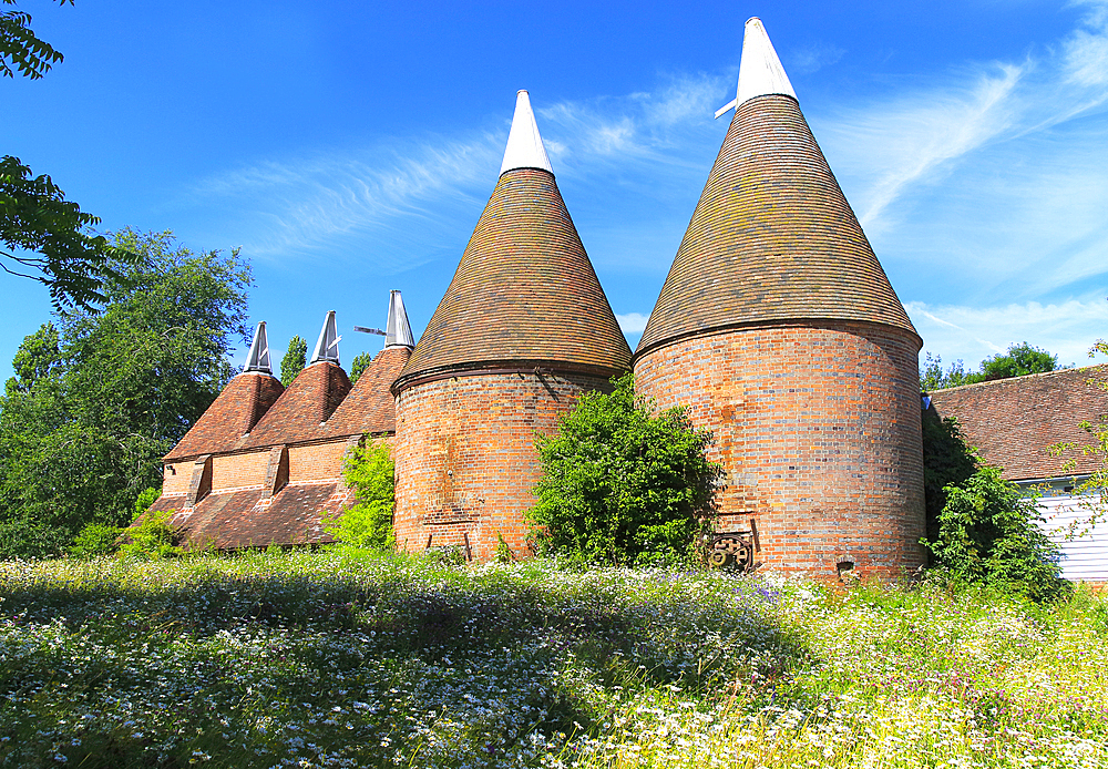 Historic oast house buildings at Sissinghurst Castle gardens, Kent, England, United Kingdom, Europe