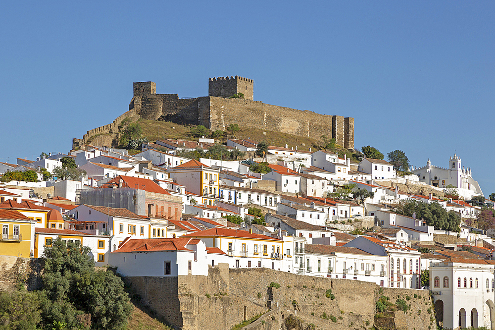 Historic hilltop walled medieval village of Mertola with castle and fortified walls, Baixo Alentejo, Portugal, Europe