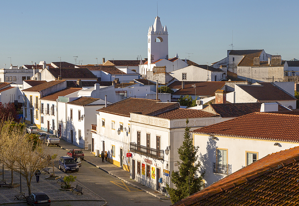 View over rooftops of buildings in village of Alvito, Beja District, Baixo Alentejo, Portugal, Europe