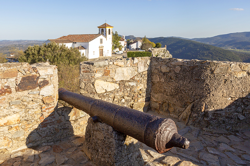 Cannon in historic castle in medieval village of Marvao, Portalegre district, Alto Alentejo, Portugal, Europe