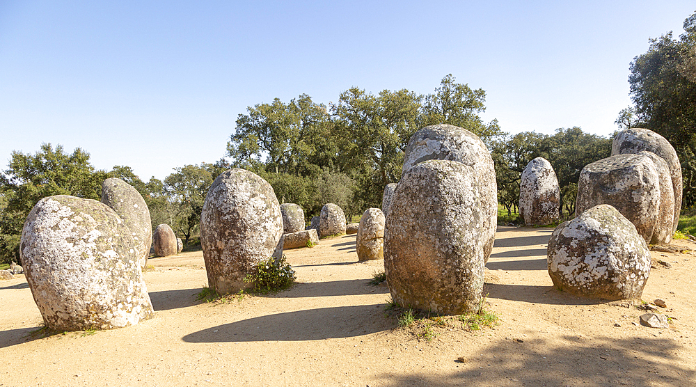 Neolothic stone circle of granite boulders, Cromeleque dos Almendres, Evora district, Alentejo, Portugal, Europe