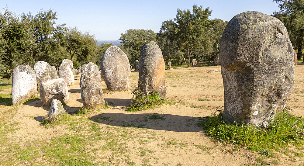 Neolothic stone circle of granite boulders, Cromeleque dos Almendres, Evora district, Alentejo, Portugal, Europe