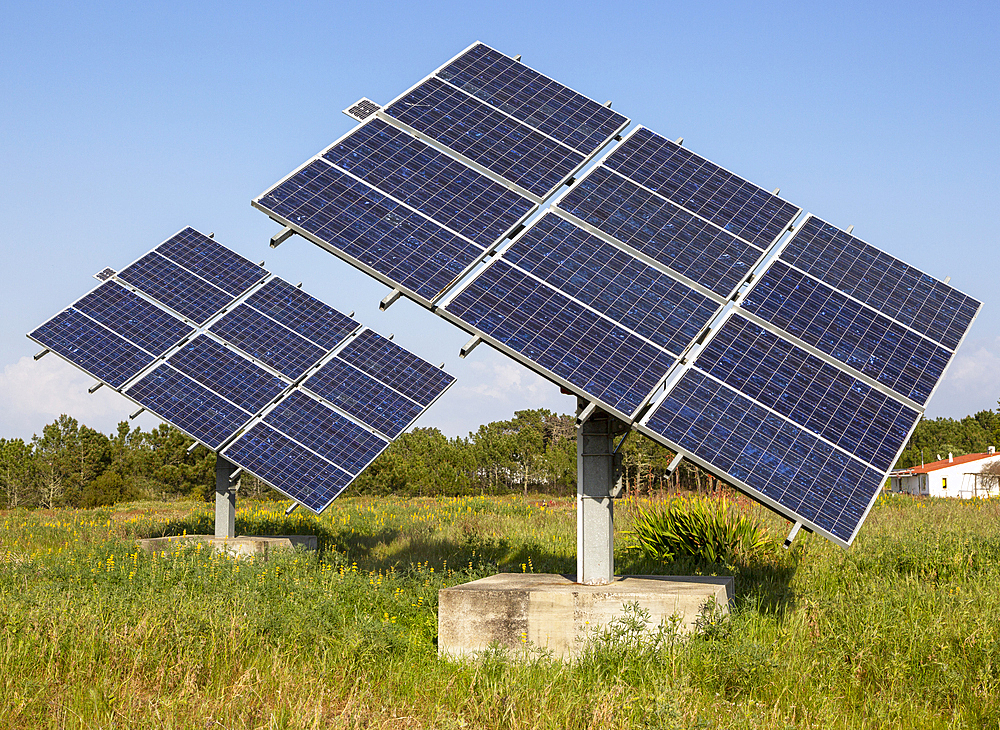 Solar panel array in field in countryside providing domestic energy near village of Rogil, Algarve district, Portugal, Europe