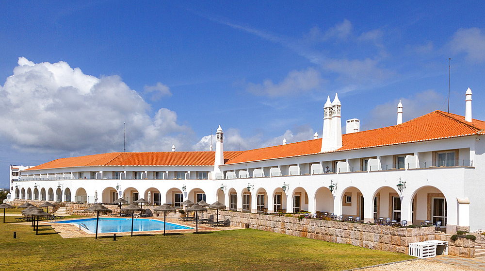 Panoramic view of Pousada do Infante hotel building, Sagres, Algarve, Portugal, Europe