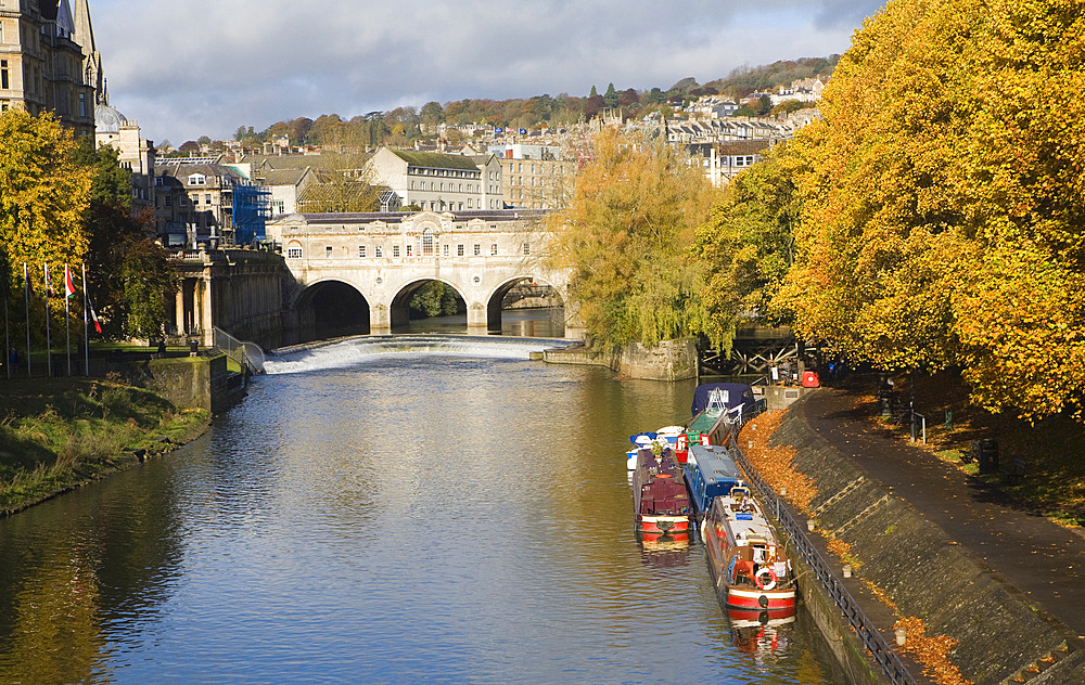 Narrow boats moored on the River Avon, Bath, Somerset, England, United Kingdom, Europe