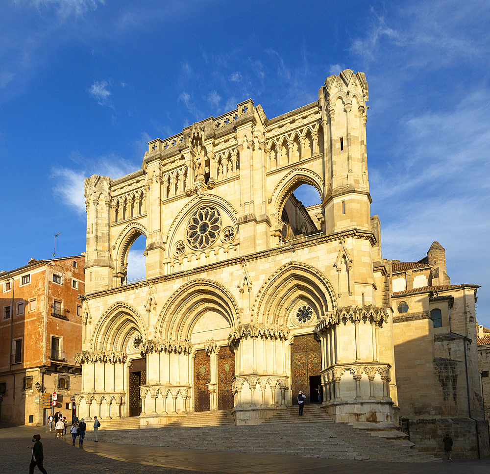 Frontage of Gothic cathedral church building, Cuenca, Castille La Mancha, Spain, Europe