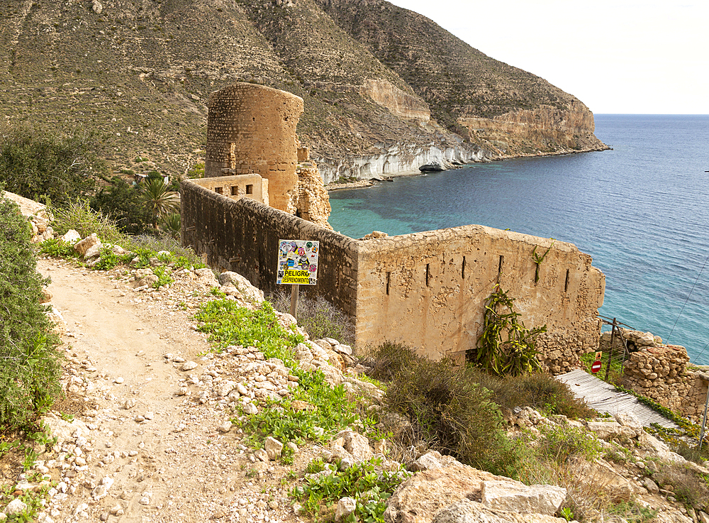 Ruins of old historic castle at abandoned village of San Pedro, Cabo de Gata Natural Park, Nijar, Almeria, Spain, Europe