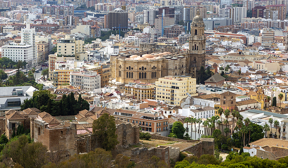 Cityscape view go high density buildings in city centre including the Cathedral church, Malaga, Andalusia, Spain, Europe