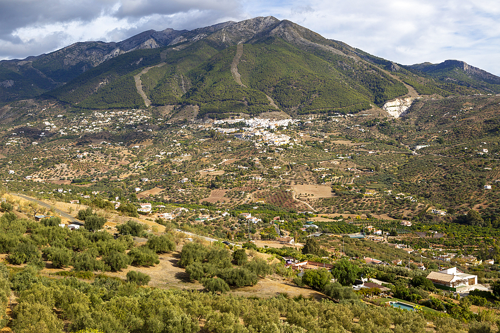 Landscape view to Alcaucin village and Maroma mountain, Sierra de Tejeda, Axarquia, Andalusia, Spain, Europe