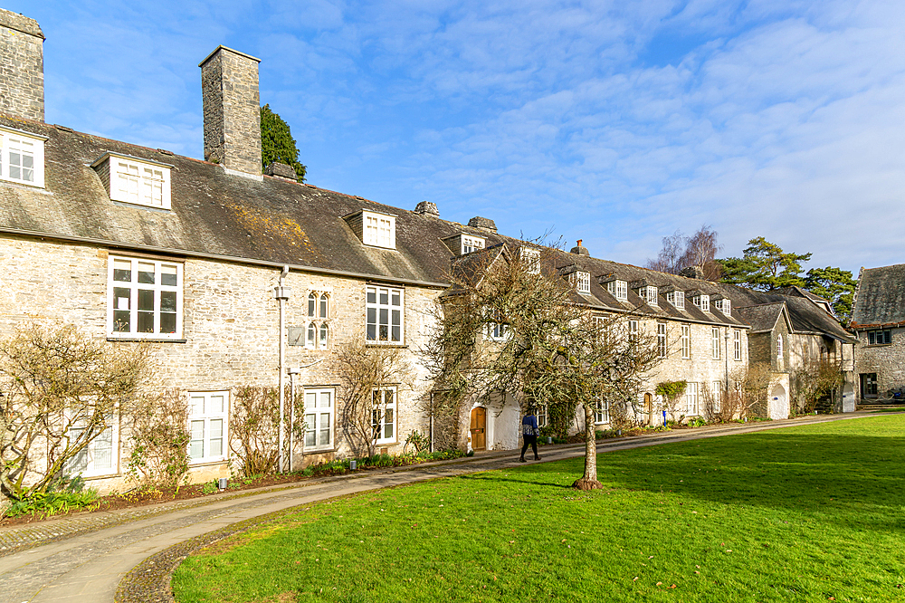 Historic medieval buildings in courtyard of Great Hall, Dartington Hall estate, south Devon, England, United Kingdom, Europe